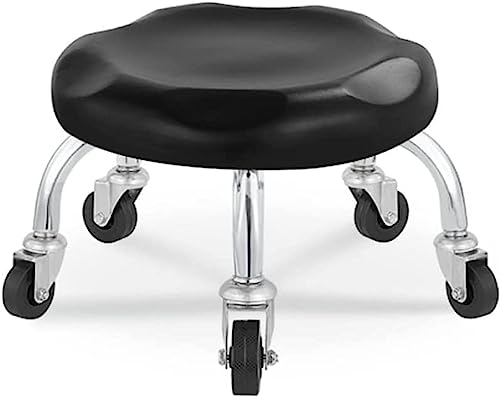 Taburete bajo con ruedas – Asiento redondo giratorio de 360° cómoda silla rodante para casa, oficina, salón y taller, diseño de altura ajustable