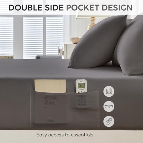 Image of Tokokimo Queen Sheet Set 4 Piece, Super Soft Washed Cotton-Linen Feel Microfiber, 16 inch Deep Pocket Fitted Sheet, 1 Flat Sheet, 2 Pillowcases, Breathable Bed Sheets, Grey