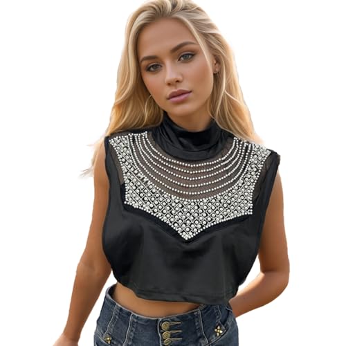Image of Eyibenlilan Ladies' High Gloss Faux Pearl Elastic Knit Fabric Round Neck Fake Collar One Size Dickey Collar for Women