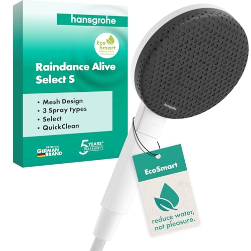 hansgrohe Raindance Alive Select S - wassersparender Duschkopf 7,1 l/min (EcoSmart), Handbrause mit 3 Strahlarten (inkl. PowderRain), Duschbrause, Sparduschkopf, Antikalk-Funktion, Mattweiß, 24511700
