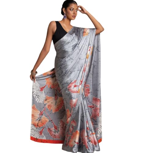 Image of Japan Satin Floral Print Saree for Women with Blouse Piece - Satin Finish Draped Saree