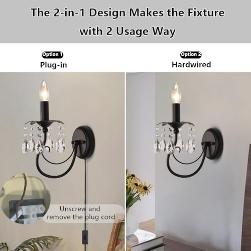 Image of Black Wall Sconces,Vintage Crystal Wall Sconce Wall Light Fixtures,Farmhouse Candle Wall Sconce Indoor Bedside Mid Century for Bathroom Bedroom Living Room Hallway Entryway Stairs