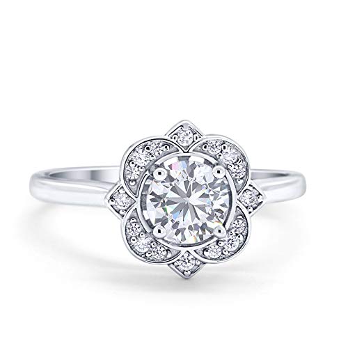 Blue Apple Co. Simulated Cubic Zirconia Size-9 Halo Floral Art Deco Vintage Style Wedding Engagement Ring Round CZ 925 Sterling Silver