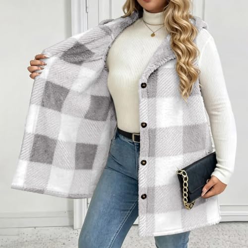 Fleece Vest Women Striped Plaid Button Down Flannel Fuzzy Oversized Vest - image 3