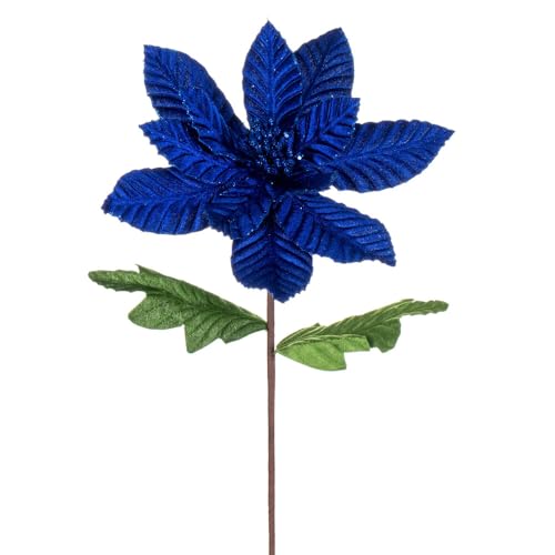 22 in. Velvet Glitter Trim Poinsettia Spray Blue - 6 per Bag