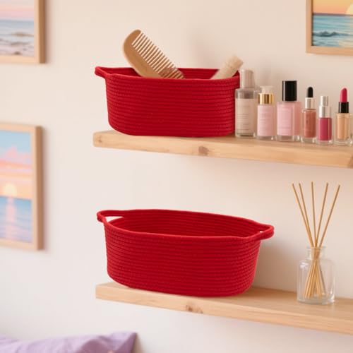 Image of Woven Basket with Gift Bags and Ribbons, 14 inchX 10 inch X 6 inch Storage Basket Red | Gift Storage Organizer Basket Bin Shelf Shelves Cotton Rope Basket for Nursery, Pet Toys