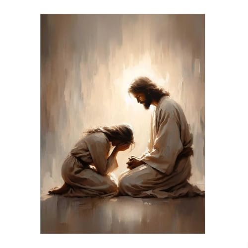 Christian Wall Art,Healed Pain,Girl Crying With Jesus Prints,LDS Print,Bible Sketches,Jesus Miracles Posters,Embracing Christ,Modern Christian Home Living Room Decor11x14inch Unframed