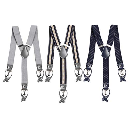b.m.c BMC 3pc Mens Mixed Color Pattern Elastic Adjustable Strap Y-Back Button End Suspenders with Clip Fasteners - Set 2