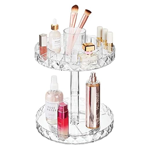 mDesign Spinning 2-Tier Lazy Susan Makeup Turntable Storage Center Tray - Rotating Organizer for Bathroom Vanity Counter Tops, Dressing Tables, Cosmetic Stations, Dressers - 10" Round - Clear