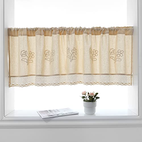 Zhh Flower Window Valance Retro Cotton Linen Kitchen Short Curtain Handmade Crochet Hollow Lace Cafe Curtain W 57 Inch X H 17 Inch (Beige, 1 Panel) #TOP5