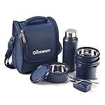 SOPL-OLIVEWARE Teso Pro Lunch Box with Cutlery, 3 Microwave Safe Inside Containers with BPA Free Lids(290ml, 450ml & 600ml), Plastic Pickle Box(130ml), Steel Water Bottle(750ml) - Blue - MSDeals