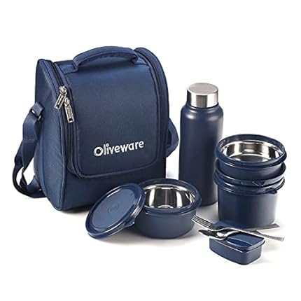 SOPL-OLIVEWARE Teso Pro Lunch Box with Cutlery, 3 Microwave Safe Inside Containers with BPA Free Lids(290ml, 450ml & 600ml), Plastic Pickle Box(130ml), Steel Water Bottle(750ml) - Blue - MSDeals