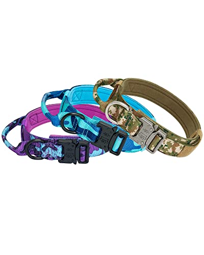 Hotsky Tactical Dog Collar, Adjustable Military Training Nylon Airtag Dog Collar With Handle And Heavy Duty Metal Buckle For Medium Large Dogs, With Airtag Holder And Two Patches（Purple Camo,L） #TOP5