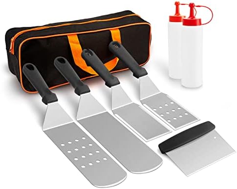 Griddle Accessories Kit of 8, HaSteeL Heavy Duty Metal Spatula Chopper, Professional Stainless Steel Griddle Tools with Storage Bag, Great for Flat Top Teppanyaki Cast Iron BBQ Grilling Indoor Outdoor