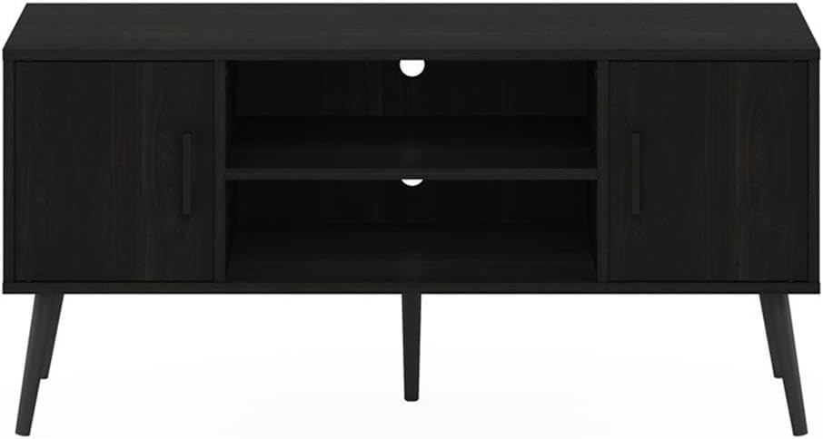 Pemberly Row Mid-Century TV Stand, Espresso Finish, Composite Wood with Pine Legs, Fits TVs Up to 45 in, Cable Management, Open and Concealed Storage, Stylish Living Room Media Center Furniture