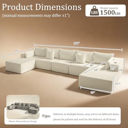 Image of 168 inch Cloud Sectional Couch, Comfort U Shaped Sofa for Living Room, Extra Deep Seats No Assembly, Minimalist Modular Couch, Corduroy (Cream, 7 Seats,U-Shape A)