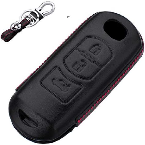 RoyalFox Genuine Leather 3 Buttons keyless Smart Key Fob case Cover for Mazda 2 3 5 6 8,CX-4,CX-5,CX-7,CX-9, 6 Atenza, 3 Axela Car Remote Key Pouch Key Rings Keychain Black