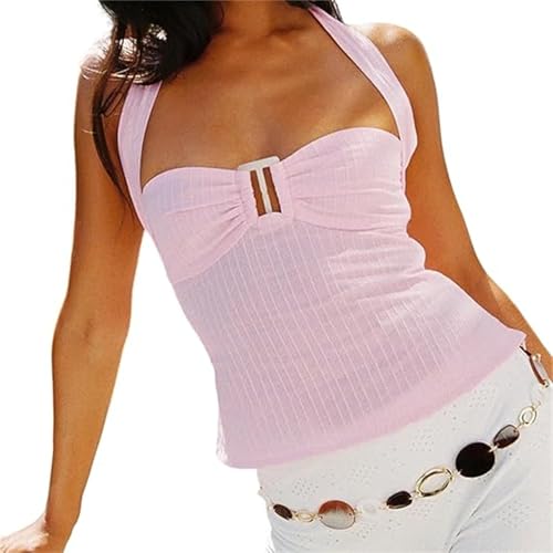 Thopavenoir Women Y2k Halter Sweetheart Neck Tank Tops Sleeveless Buckle Decor Ruched Vest Bodycon Backless Cutout Camisole
