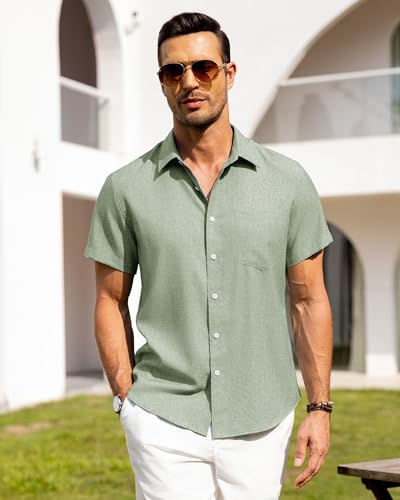 Image of Alimens & Gentle Mens Linen Shirts Short Sleeve Button Down Shirts Wrinkle Free Casual Vacation Beach Summer Tops