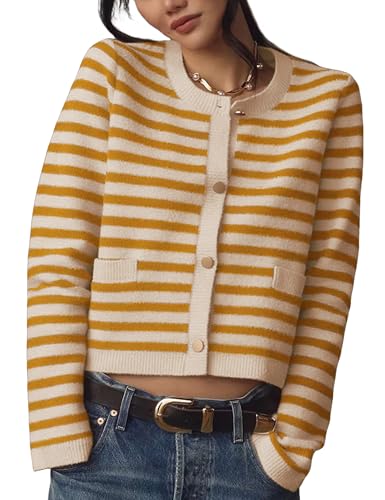 Lentta Womens Striped Knit Cardigan Sweater Crew Neck Long Sleeve Button Front Outerwear