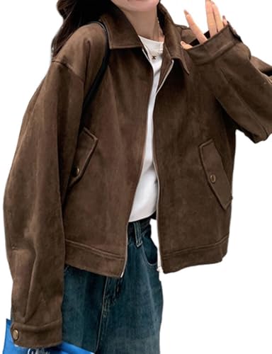 Mywinway Suede Jacket for Women 2025 Fall Winter Cropped Y2k Oversized Faux Leather Crop Blazer Jackets