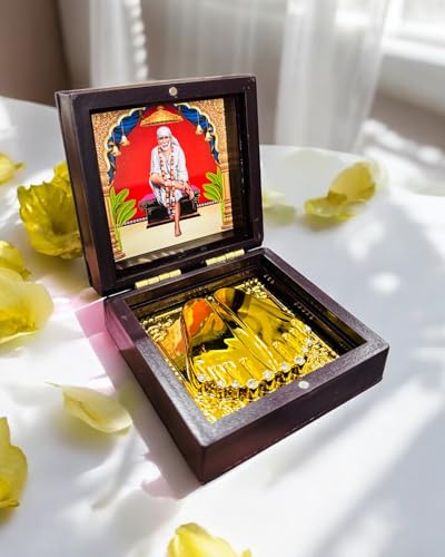 Image of Sai Baba Pocket Temple Charna Paduka Shirdi Mandir | Gold Plated Box God Idol Bhagwan | Diwali Gift Item | Jai Sai Ram | Religious Gift for Mom & Dad (SAI Baba)