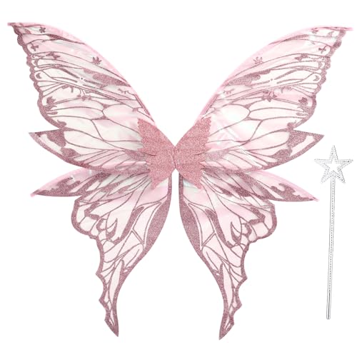Fairy Wings for Adults Women 31.5x29.5 Fairy Costume Set Large Butterfly Wings for Halloween Party Pink