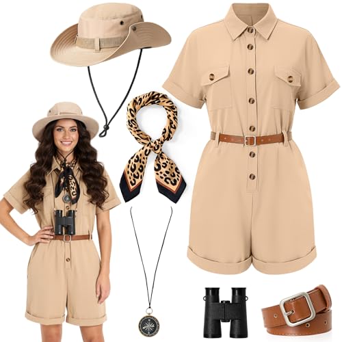 Shihanee 6 Pcs Safari Costume for Women Safari Outfit Hat Belt Neck Scarf Binocular Compass for Zoo Keeper Cosplay(Khaki,XL,Classic Style)