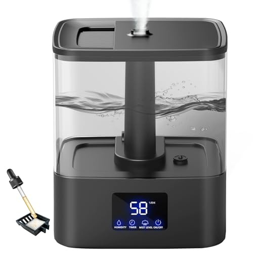 4L Top Fill Humidifiers for Bedroom & 60H Runtime – Cool Mist Humidifier, 3 Mist Levels, 8H Timer, Essential Oil Tray, Humidity Display, Quiet for Bedroom, Baby, Plants, Large Room