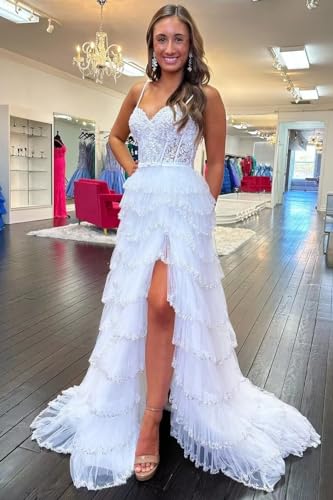 YMFFW White Lace Beaded Prom Dresses Long with Slit 2024 A Line Evening Gowns Tulle Ruffles Formal Party Dress3