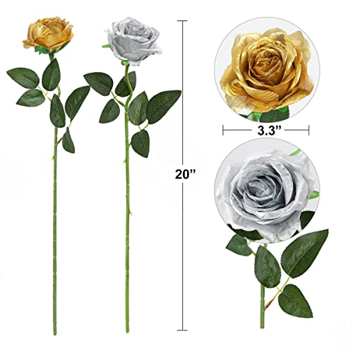 Floralsecret 12Pcs Artificial Flowers Realistic Silk Rose Flower Bouquet Long Stems Faux Flowers Color Mixing Home Wedding Party Decor(Gold) #TOP6