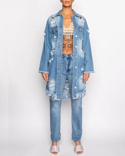 Women Distressed Raw Hem High Low Tassel Boyfriend Maxi Long Denim Jacket Ripped Long Sleeve Trench Jean Coat3