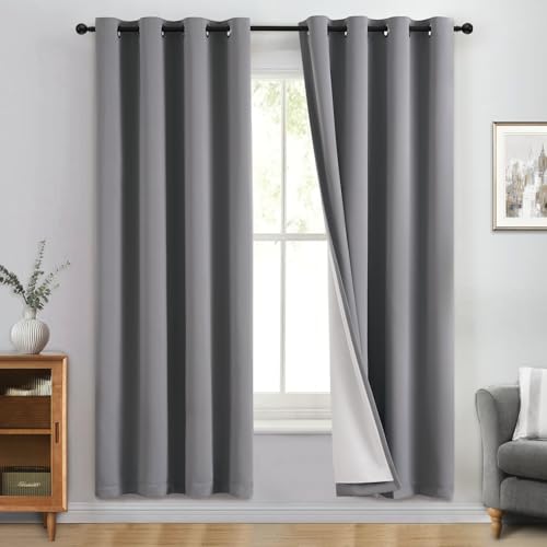 Image of Yakamok Grey 100% Blackout Curtain Panels 72 inches, 50 inch Wide, 2 Panels | Blackout Curtain Panels for Bedroom, 2 Thick Layers Grommet Top Thermal Insulated Drapes with White Back for Living Room