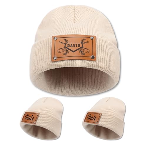 Personalized Baby Beanies, Custom Toddler Leather Patch Knit Hats with Name Infant Beanie Hat Newborn Winter Hats