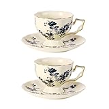 KAMMAK Tea Cups and Saucers Set of 2, Porcelain Coffee Cups, 6.8-Ounce Stackable Espresso Mugs, Ceramic Demitasse for Coffee, Latte, Americano, Tea, Blue Orchid