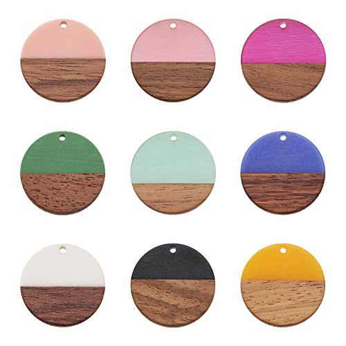 Cheriswelry 18Pcs Flat Round Resin Walnut Wood Pendants Geometric Round Resin Wood Dangle Charms Vintage Wood Statement 28.5Mm For Women Girls Diy Necklace Earring Jewelry Making #TOP21