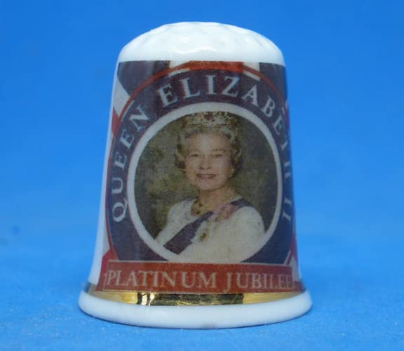 China Collectible Thimble - Queen Elizabeth Platinum Jubilee and Union Jack Flag - with Dome Box