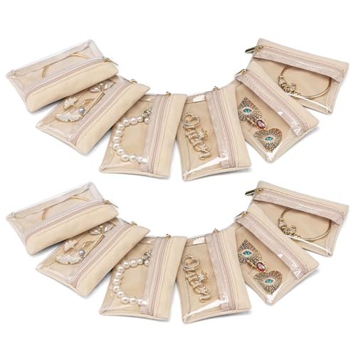 Vlando 2024 Étui de Voyage pour Bijoux, Pochette en Velours Transparent avec Poches Zip, Sac Organza pour Femmes, Filles, Cadeau, Lot de 12