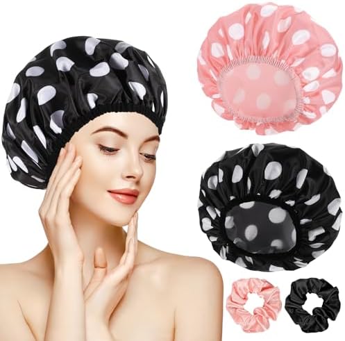 WSICSE 2 Packs Large Shower Caps for Women, Waterproof Shower Cap Double Layers Bath Caps with Hair Scrunchies for Long Thick Hair