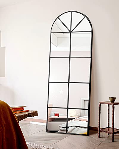 Tinytimes 65×22" Arched Window Finished Full Length Mirror, Wall Mirror, Metal Frame, Home Decor Mirror, Windowpane Mirror, Wall Mounted Or Leaning, No Stand - Black #TOP5