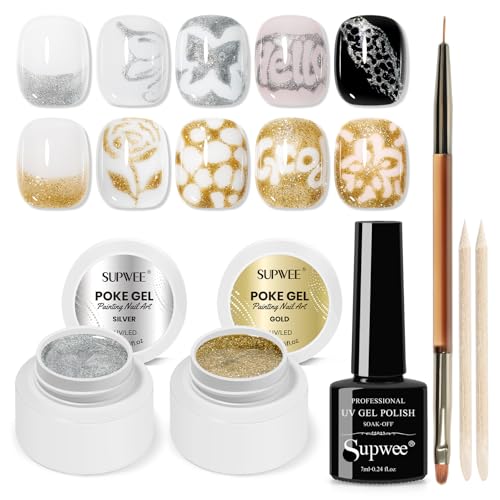 Poke Gel Nail Polish, Silver and Gold Poking Nail Gel Lace Painting Gels for Nails Art Design, Flower, Wave, Letter, Home DIY Manicure