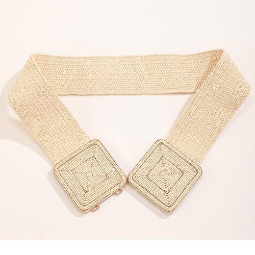 Raffia Stretchy Belt for Women, Symmetrical Buckle Straw Wide Woven Belt for Dress, Summer Elastic Waistband4