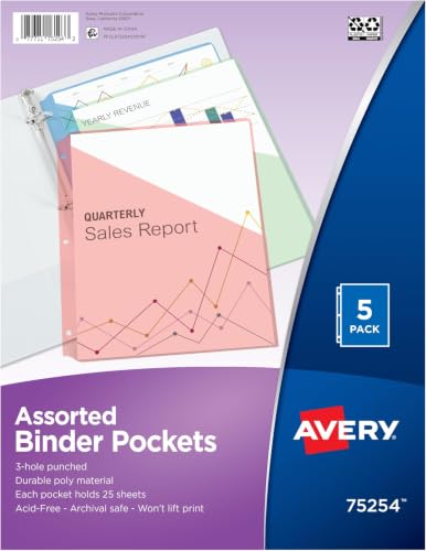 Image of Avery Binder Pockets for 3 Ring Binders, Assorted Colors, Fits 8.5 inch x 11 inch Documents, Acid-Free and Archival-Safe (75254), 5 Count (Pack of 12)