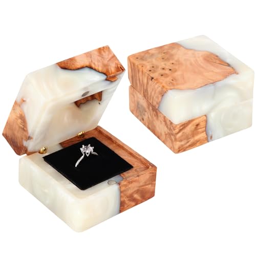 Loongresinwood Wedding Ring Box, Handmade Wooden Ring Box, Elegant Vintage Ring Holder Box, Engagement Ring Box with Single Slot, Suitable for Proposal, Wedding, Jewelry Storage