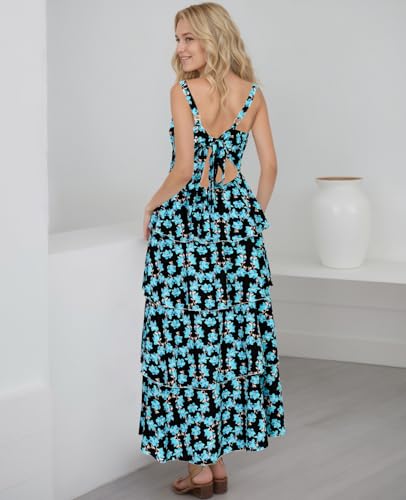Image of Tiered Ruffle Dress Women Casual Summer Spaghetti Strap Sleeveless Floral Layered Maxi Dress for Women Beach Sundress