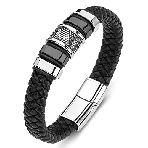 Gualiy Bracelet Cuir Rock, Bracelet Homme Acier Rock Noir Tressé Bracelet avec Boucle 16.5CM Longueur Bracelet De Biker Homme