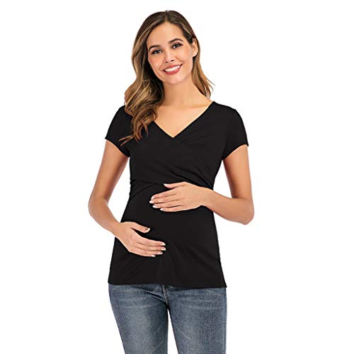 Fonma Women Maternity T Shirts Short Sleeve Solid Color Nursing Tops Blouse For Breastfeeding Black #TOP1