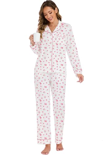Image of LUBOT 100% Cotton Pajamas for Women Pajama Set 2 Piece PJ Sleepwear Set Soft Ladies Button Knit Long Sleeve Loungewear XS-XXL