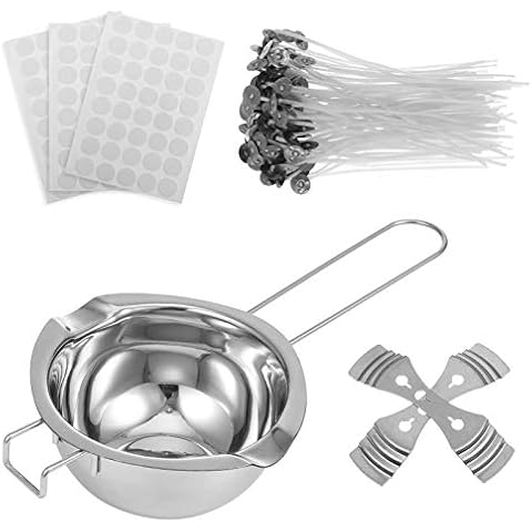 metagio Kerzenherstellung Zubehör, 120 STK Kerzendocht Kerzendochte,120 STK Dochtaufkleber, 2 Edelstahl Dochte Festen Halter mit 1 Schmelztopf, Candle Wick für die Kerzenherstellung Cover