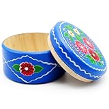 AEVVV Joyero de madera hecho a mano con diseño floral azul redondo, pintado a mano, almacenamiento de recuerdos para anillos, accesorios, regalos